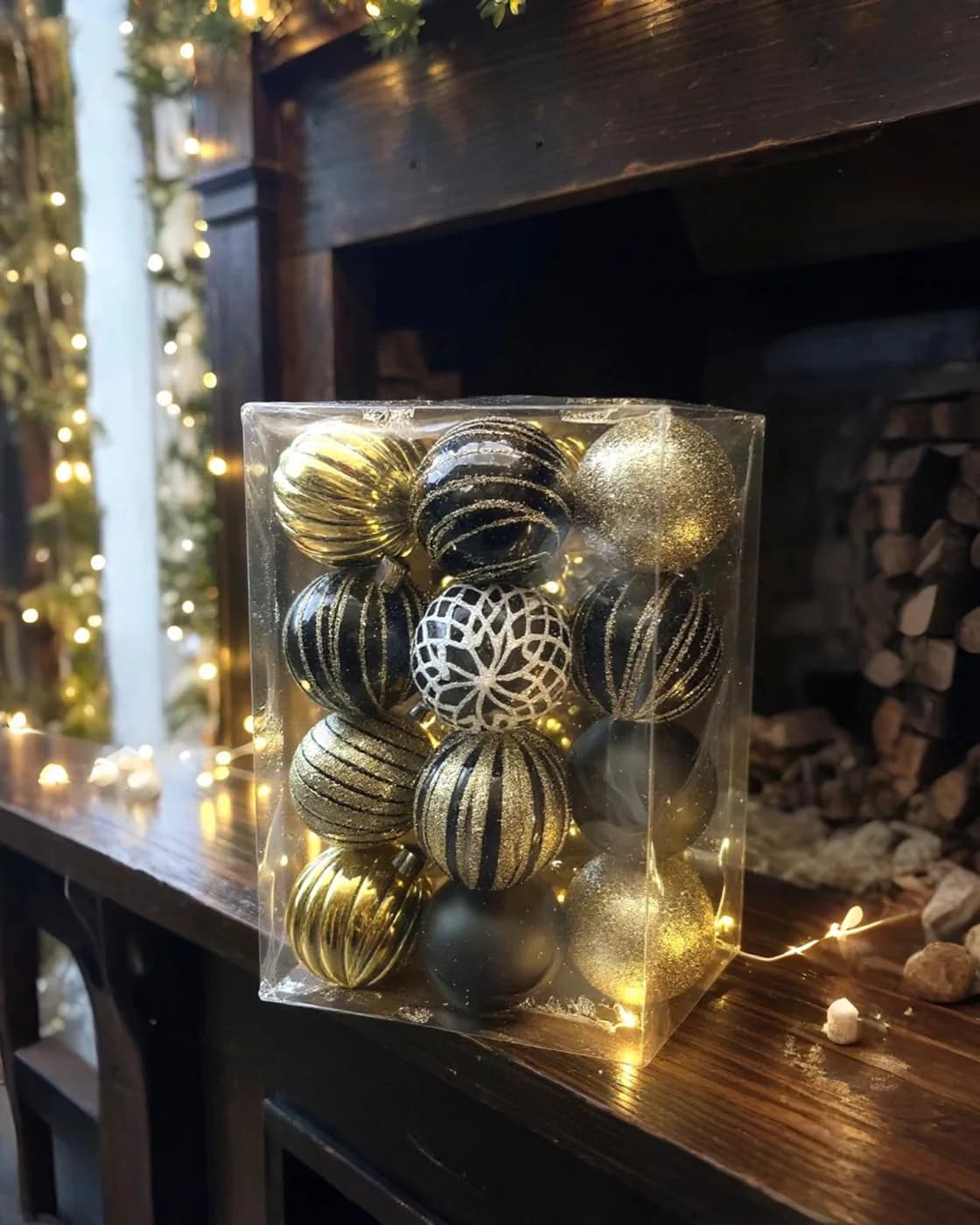 Yılbaşı Ağacı Siyah Gold Desenli Top Süs16 Lı 6 CM