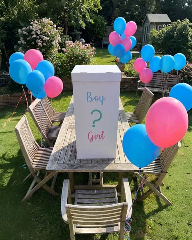 Uçan balonlu sürpriz cinsiyet partisi kutusu