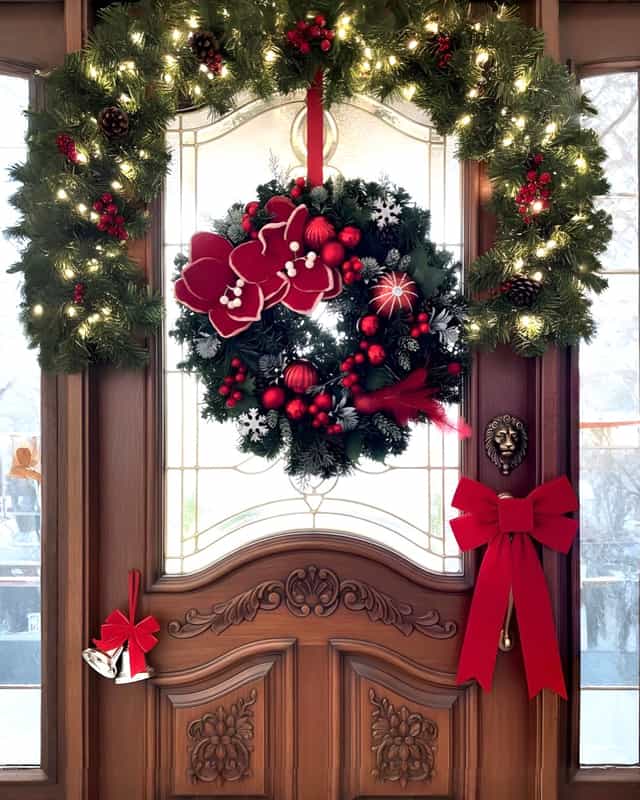 Yılbaşı Kapı Süsü Manolyalı Yuvarlak Kapı Çelengi 45 cm