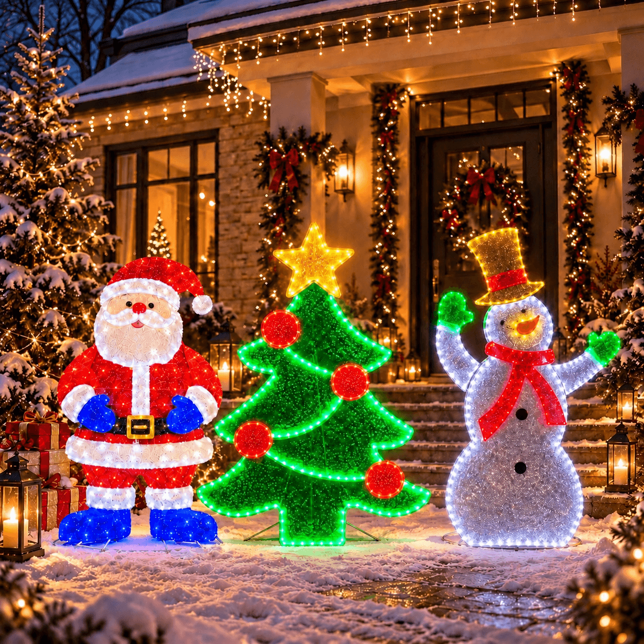 3’lü LED Işıklı Yılbaşı Pano Seti Noel Baba Ağaç Kardan Adam 125 cm