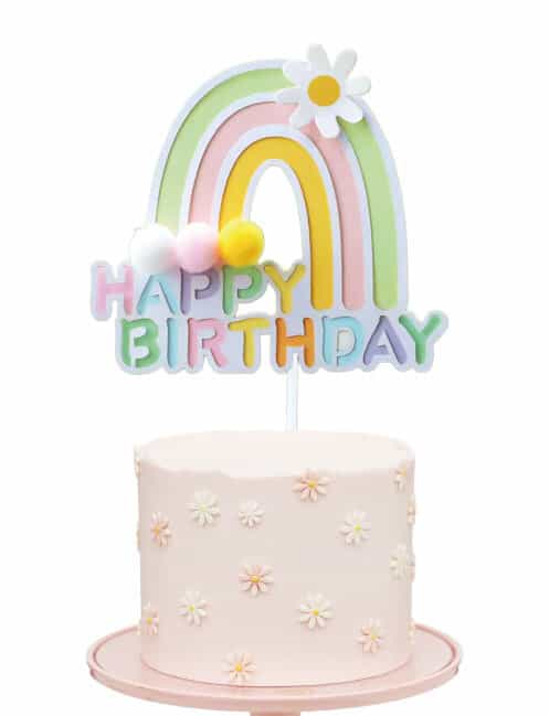 Gökkuşağı Desenli Ponponlu Çubuklu Pasta Üstü Süsü