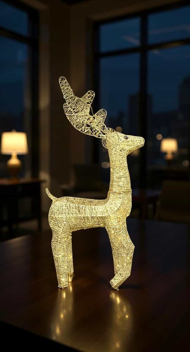 80 CM Işıklı Geyik Simli Gold Yılbaşı Dekor Metal