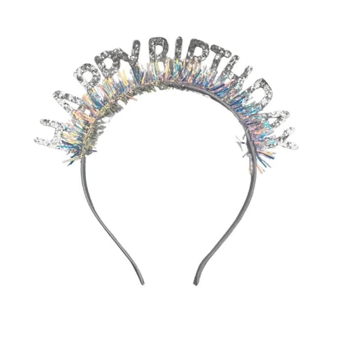 Plastik Happy Birthday Taç Gözlük Set Simli Gümüş
